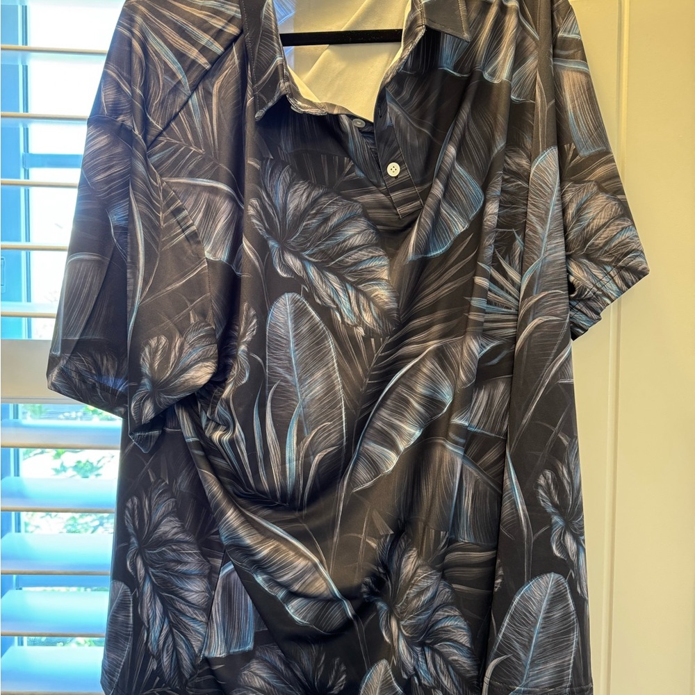 Black and Gray Polo with Tropical Print